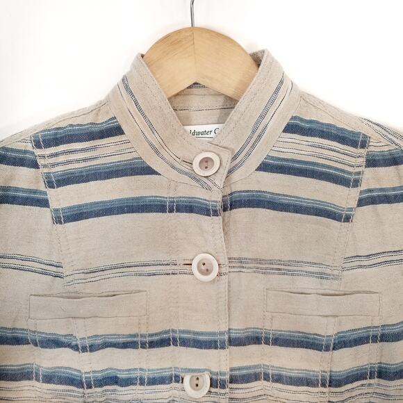 Coldwater Creek Women's Linen Cotton Blue Tan Striped Button Up Jacket Size 8 - Picture 4 of 8